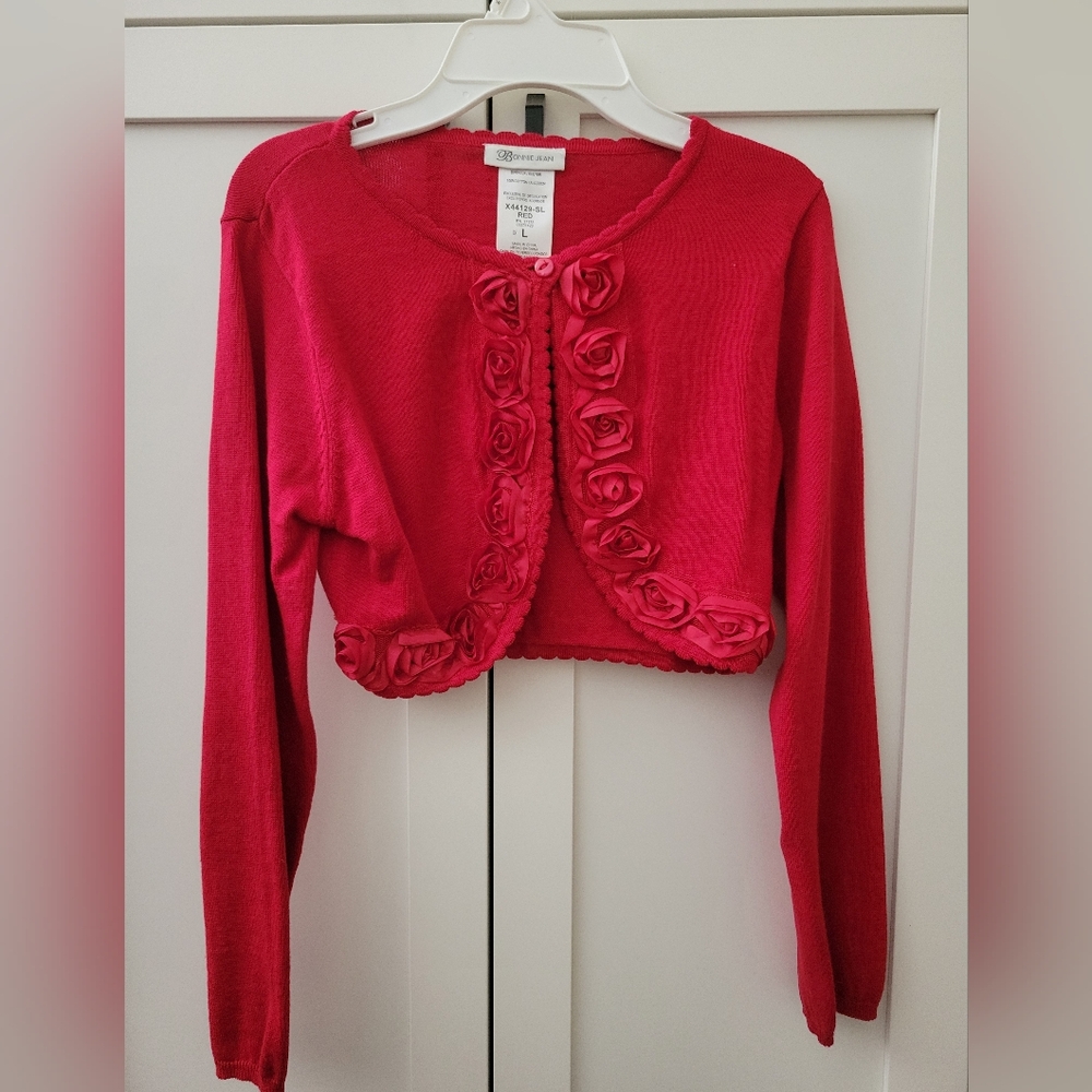 Bonnie Jean Girls Sz L Red Shrug Cardigan Sweater w/ Rosettes & Scalloped Edges